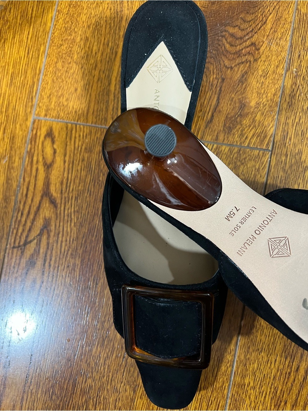NWOB $110 Antonio Melani Greta Black Suede Resin Buckle Mule Heels 7.5 - Picture 8 of 8